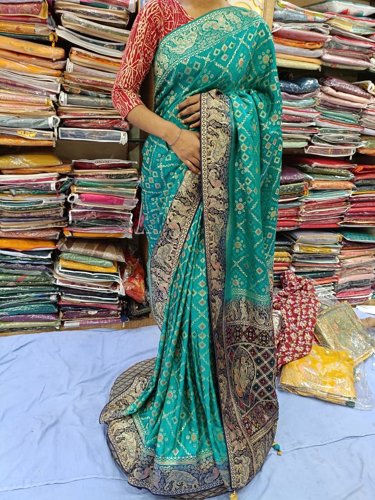 Firozi Dola Silk Saree with Zari Border and Blouse Piece – Elegant Festive & Wedding Wear for Women